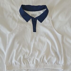 Prince White Sleeveless Polo Crop Top with Navy Collar